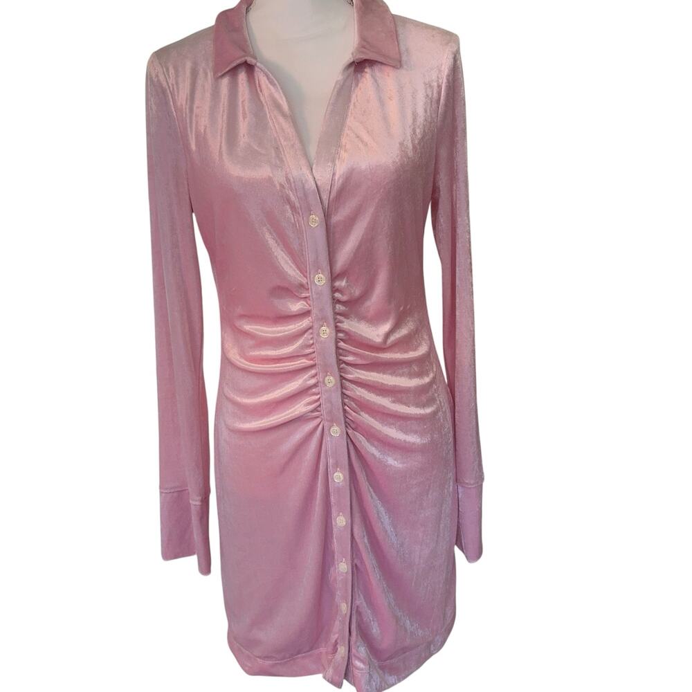 Free People NWT Pink Velvet Ruched Shirt Dress Women's Medium Button Front Dress